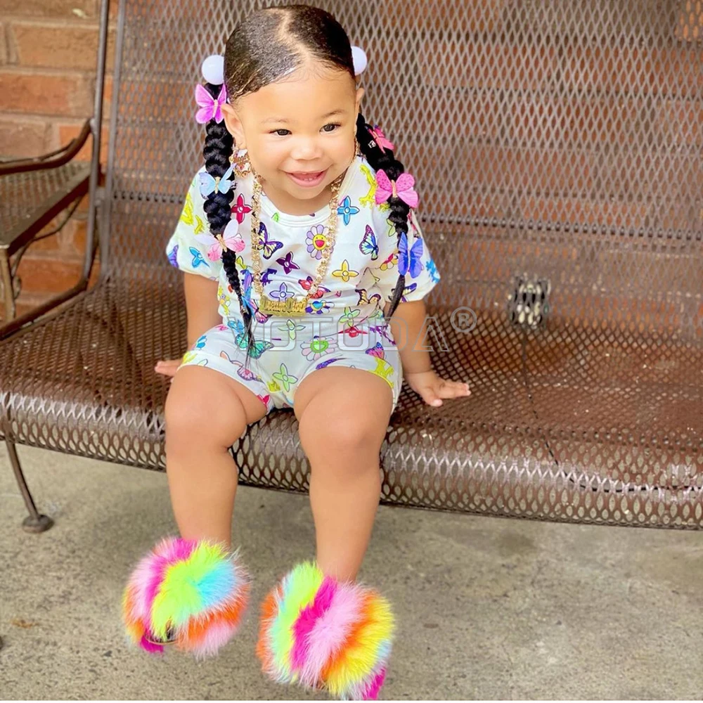 Fur Slides Kids Furry Children Real Fur Slippers Strap Fluffy Raccoon Flip Flops Baby Sandals Girls Cute Funny Shoes Toddler kids slippers plush slippers kids sandals