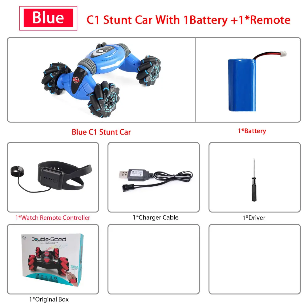 BLUE 1Remote 1B Remote Control Stunt Car Gesture Induction Twisting Off-Road Vehicle Light Music Drift Dancing Side Driving RC Toy Gift for Kids - Color: BLUE 1Remote 1B