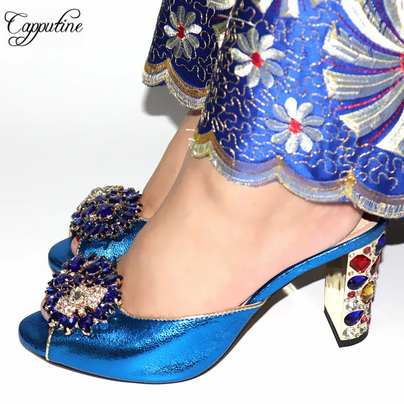 

Capputine Blue Color African Design Fashion Peep Toe Shoes 2019 New Style Square Heels Woman 9CM Shoes For Evening Party