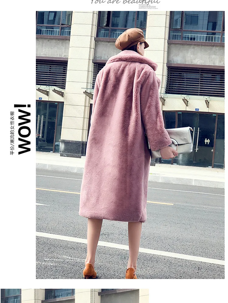 Зимнее пальто из искусственного кроличьего меха, женское длинное пальто, зимняя куртка из искусственного меха, женское плюшевое пальто с отворотом, женские толстые теплые плюшевые пальто WJ435