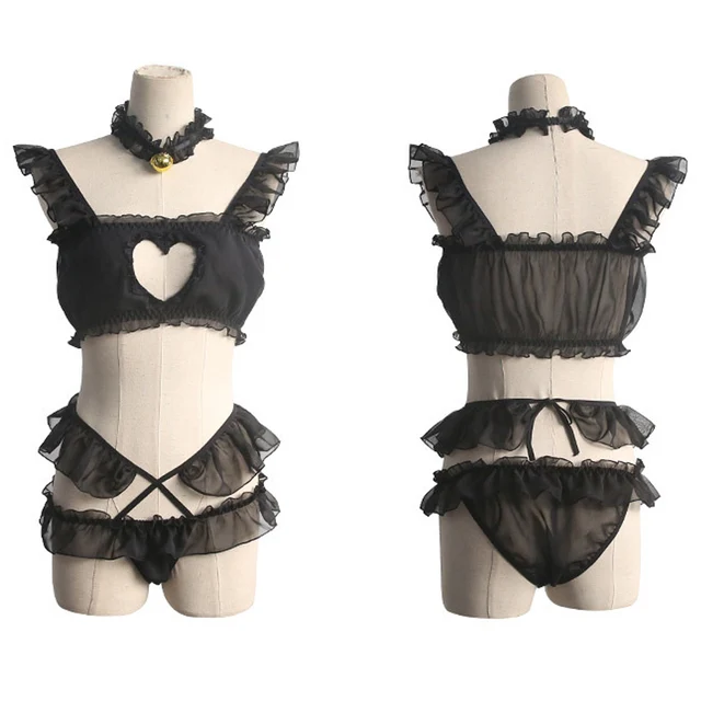 Conjunto de lencería Sexy con corazón calado para mujer, camisolas de Cosplay de Anime, ropa interior transparente Lolita, Tops y anillo de cuello con cinturón 5