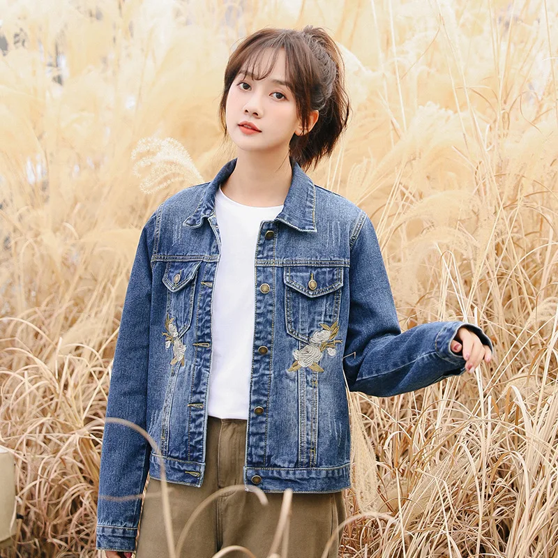 

2019 Spring And Autumn New Style Korean-style Short Slim Fit Embroidered Jeans Coat Blouses
