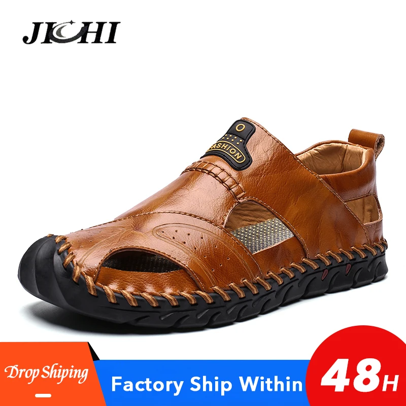 

Classic Black Soft Men Shoes Covered Toes Summer Beach Sandals Leather Flat Big Size Sandals Men Breathable Non Slip Fashion