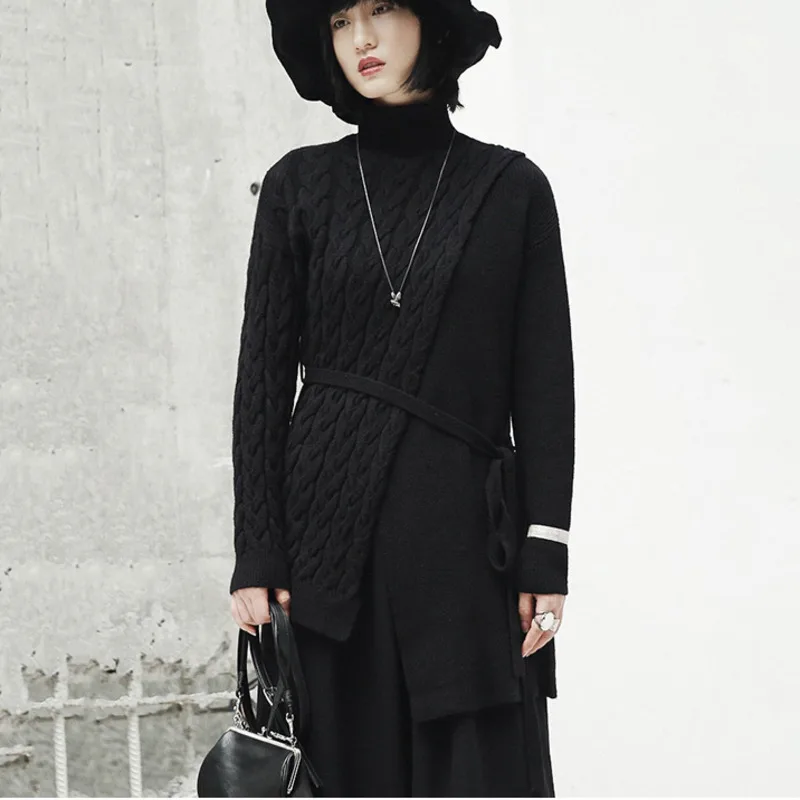 

TVVOVVIN 2019 New Autumn Winter High Collar Long Sleeve Black Loose Irregular Knitting Bandage Sweater Women Fashion Tide D145