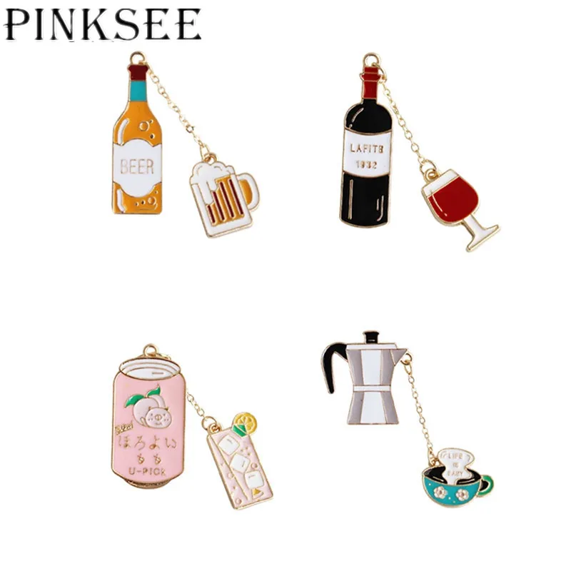 

Pinksee 1PC Cartoon Enamel Coffee Beer Red Wine Juice Drinks Metal Brooches Unisex Cute Badge Lapel Pin Jewelry Gift