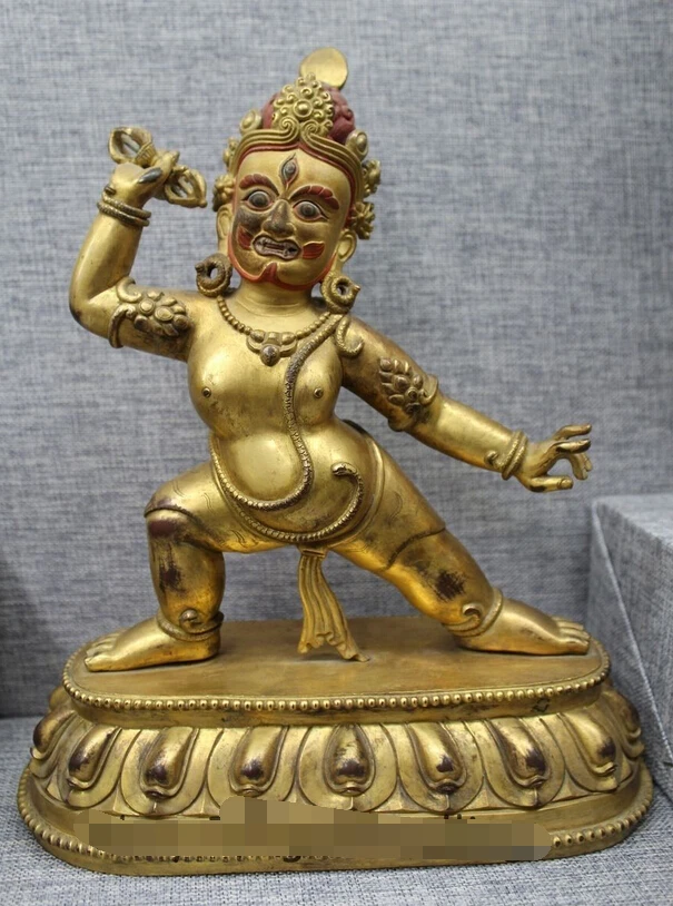 005352 11"Tibet Buddhism Temple Old Bronze 24K Gold Vajrapani Mahakala Buddha Statue