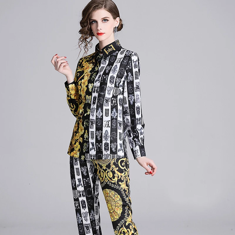 

Brand Clothes For Women Fashion Print 2 Piece Set Casual Lapel Long-sleeved Shirt+Baroque Nine-point Pants Fall Winter Outfits