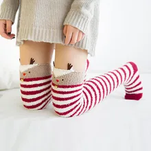 Кавайные рождественские шерстяные гольфы, зимние женские Полосатые Гольфы выше колена, сексуальные толстые теплые гольфы до бедра, гетры красного цвета