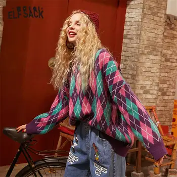 

ELFSACK Green Argyle Print New Year Preppy Knit Pullover Women Sweaters 2020 Spring Long Sleeve Korean Casual Ladies Daily Top