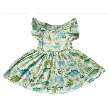 

free shipping spring baby girl dress kid children clothing green dinosaur leaf full printed flutter sleeves dress toddler dress