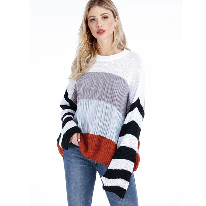 

Woman Sweaters Loose Plus Size 2020 Fall Winter Striped Knitted Sweater Round Neck Female Clothing Lounge Wear New Brand Design
