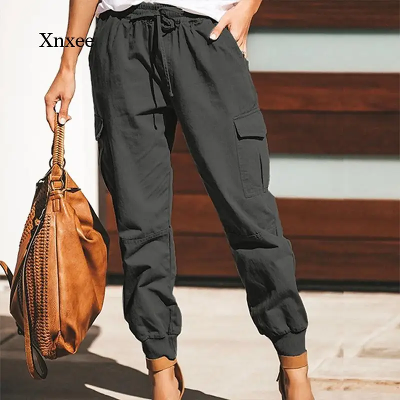 

2021 Harlan Trousers New Fashion Elegant Women Long Streetwear Casual Pockets Lace Up Cargo Pants Summer Solid Lady Leggings
