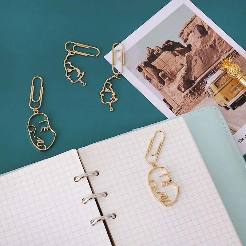 1pcs Lady Face Paperclip Gold Metal Hollow Pendant Girl Face Paper Clip Decorative Pin