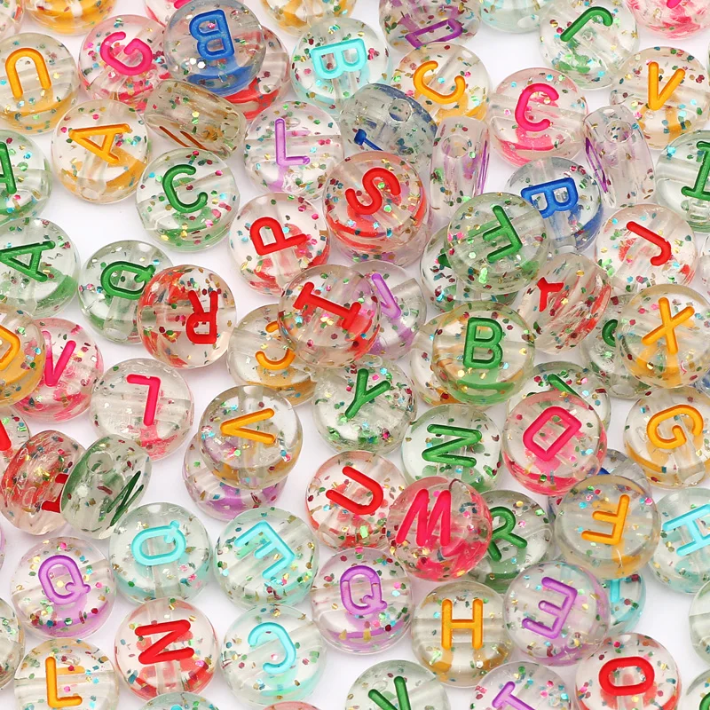 100Pcs 7/10mm Glitter Mixed Alphabet Letter Acrylic Loose Spacer Beads For Jewelry Making Diy Bracelet Handmade Accessories