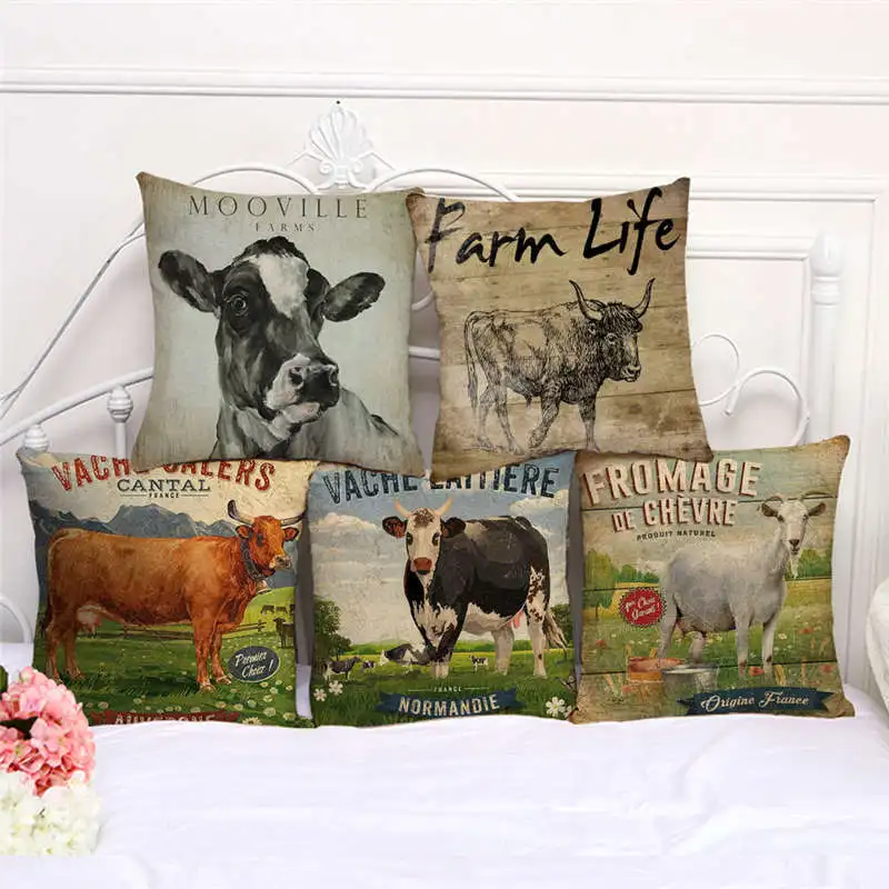 Farm Animal Linen Pillow Cover Cushion Cover 45x45cm Cow Cotton