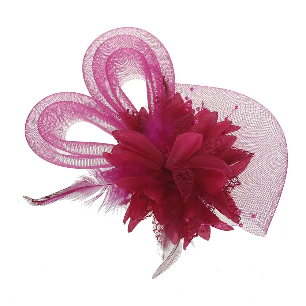 Fashion Women Fascinator Net Bow Tie Mesh Hat Cocktail Party Headdress Bridal Wedding Hair Accessories - Цвет: Hot Pink