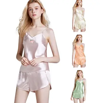 

Women Fresh Style 2Pcs Pajamas Set Imitation Silk V-Neck Camisole Tops Loose Shorts Colored Fruit Embroidery Sleepwear