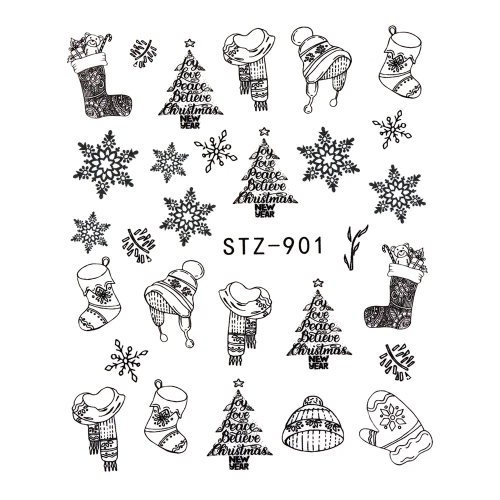 1 шт набор воды Лось снежинки звезда слайдер Украшение Шарм Рождество цветок наклейка на ногти черный зимний дизайн ногтей Наклейка - Цвет: STZ-901