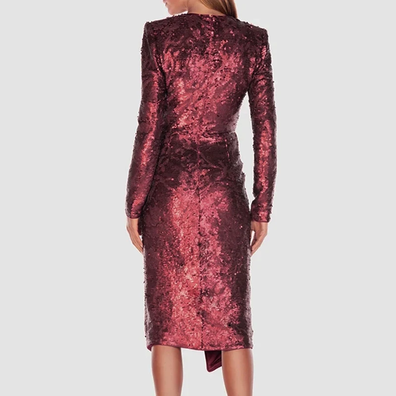Bqueen, новинка, Vestidos, женское платье с длинным рукавом, v-образным вырезом, тонкое, с блестками, Драпированное, вечерние, сексуальные, с высоким разрезом, облегающее платье