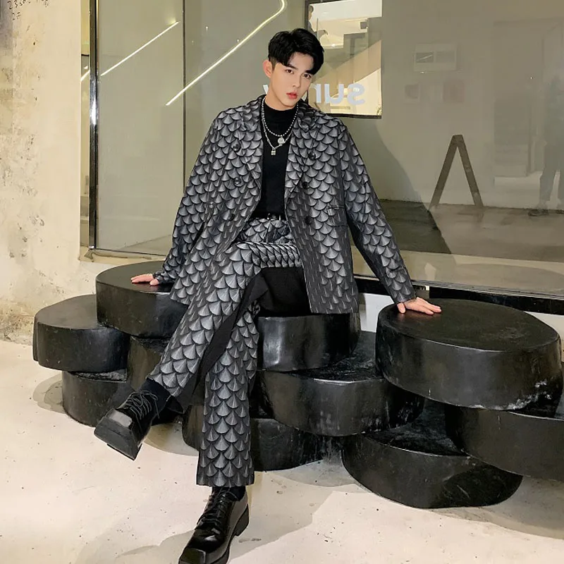 

Men 2PCS Suits Sets Male Shell Print Double Breasted Casual Splice Suit Coat Blazer Jacket Pant Stage Clothes