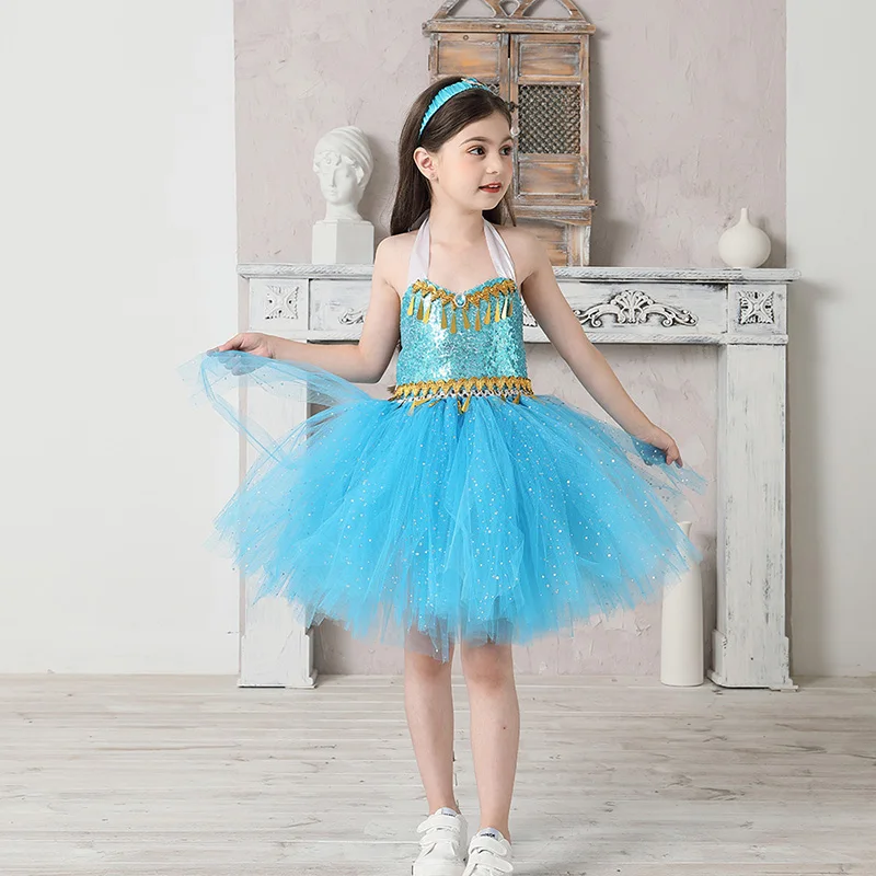 Aladdin Jasmine Girls Tutu Dress Headband Outfit Kids Birthday Party Pageant Sparkly Tulle Fancy Dress Sequins Children Clothes (3)