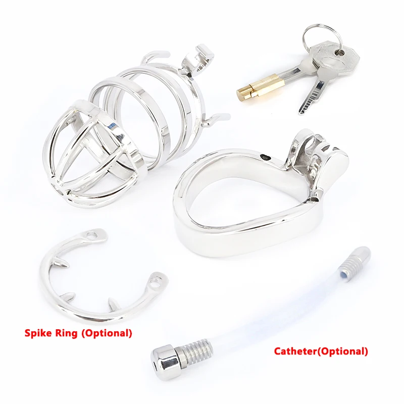 Male Stainless Steel Cock Cage Penis Ring Sleeve Chastity Device Belt with Catheter Spikes Lockable Adult