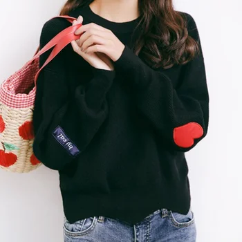 

Women Sweater Sweet Love Pattern Sweater Loose Round Collar Solid Color Irregular Trimming Design Sweater 6 Colors