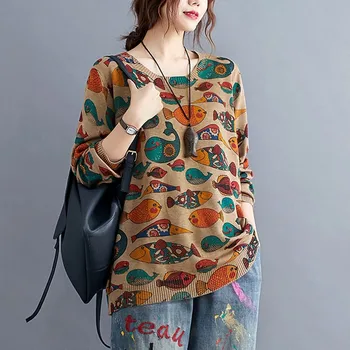 

Women Autumn Casual Sweaters New 2020 Simple Style Vintage Cartoon Print O-neck Loose Ladies Long Sleeve Knitted Pullover S1933