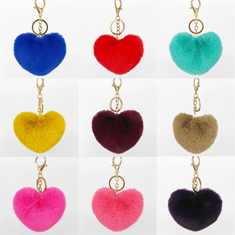 

Keyring Soft Fluffy Faux Rabbit Fur Heart HandBag Pendant Charm Pompom Keychain for Women and Girls Color plush ball pendant