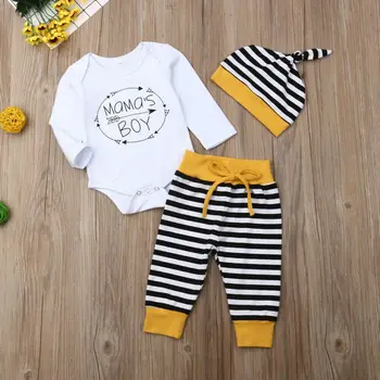 

New arrival Mama's boy cotton Romper + Striped pant + Hat 3PC Outfits for baby 0-18M