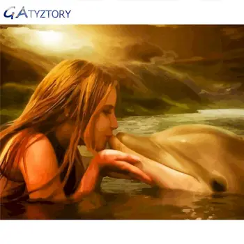 

GATYZTORY DIY Painting By Numbers Acrylic Kit Girl Kisses Dolphins Frames For Pictures Home Decoration Children's Holiday Gifts