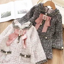 Шерстяное пальто цветное платье для девочки с отделкой "Элегантное платье для маленьких принцесс, платье в клетку для маленьких девочек длинный рукав платье для девочек детская одежда