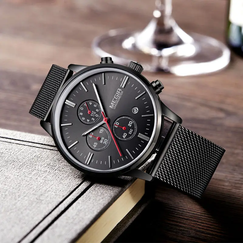 MEGIR Watch Men Stainless Steel Gold Quartz Men Watches Luminous Waterproof Chronograph Watch Clock Men Relogio Masculino Man