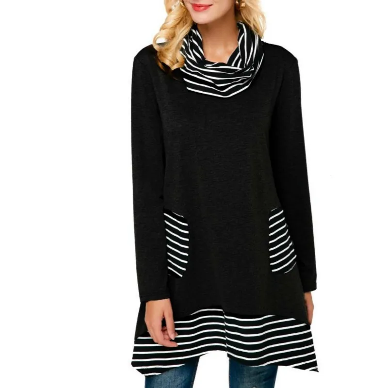 Модная футболка Zwart Wit Gestreepte Vrouwen Lange Mouw, Coltrui Vrouwelijke, футболка Zomer Elegante Losse, повседневные футболки Grote Maat