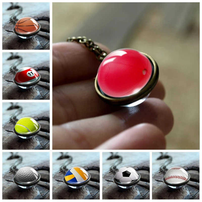 

Tennis Volleyball Football Picture Handmade Necklace Double Side Glass Ball Pendant Bronze Zinc Alloy Necklace Sport Gifts