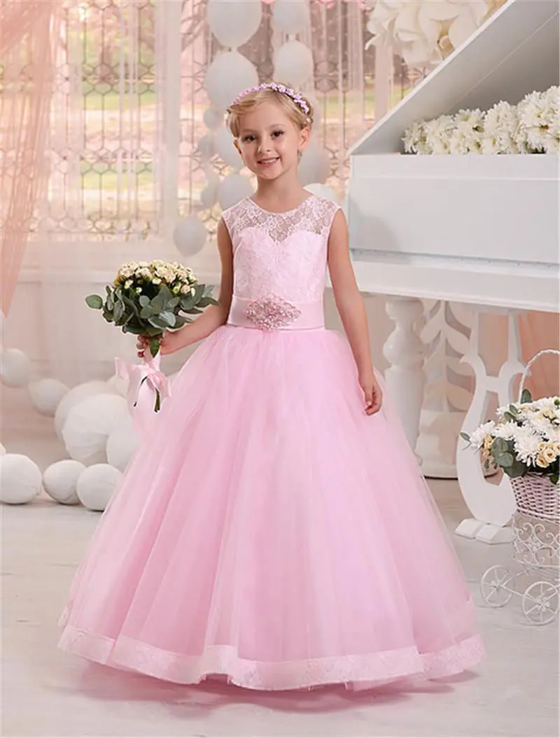 Торжественное розовое кружевное платье принцессы с фатиновой юбкой, Платья с цветочным узором для девочек, платья с бантом для свадебной вечеринки, первого причастия, костюм для новорожденного ребенка - Цвет: as image