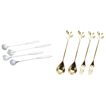 

4x Tableware Gold Leaf Coffee Spoon Fork & 4 Pcs Spoon Silver Sakura,Rose,Cosmos,Heart-Shaped Vintage Flower Shape