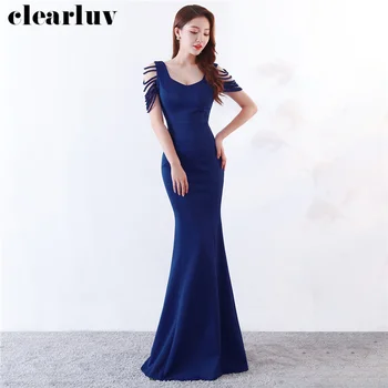 

Simple Mermaid Dress Elegant Floor Length Formal Party Gown DX311-4 2020 Navy Blue Plus Size Slim Evening Gowns Robe De Soiree