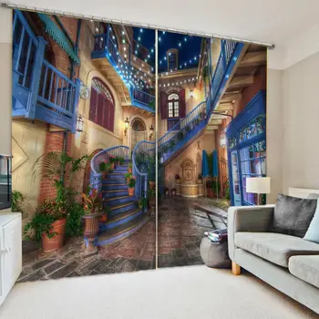 

Custom 3D Blue staircase Door Windows Curtains Thin kidsLiving Room Bedroom Decorative Kitchen Curtains Drapes Dropship