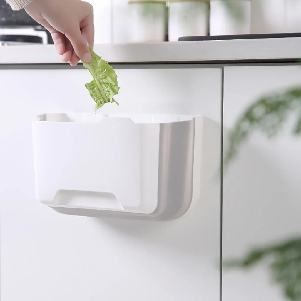 Kitchen Cabinet Door Hanging Trash Bin Nail-free Wall Mounted Folding Waste Bin Rubbish Container Home Bathroom Storage Boxes
