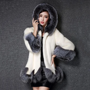

women's faux mink fur coat skirt hem overcoat fur collar hooded