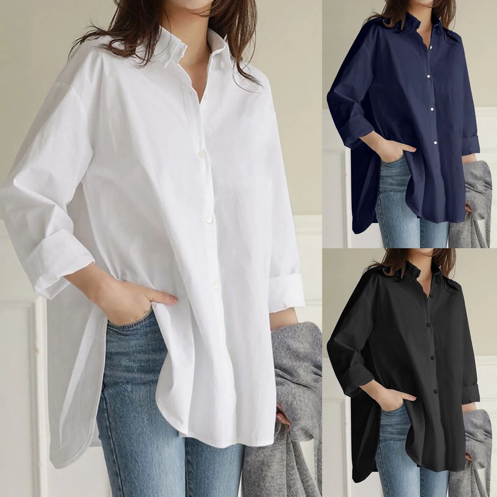 Casual Loose Long Shirt Women Solid Colour Oversize V-Neck Long Sleeve Button Top Shirt Blouse ropa mujer блузка женская 2023 2 piece solid colour suit comfortable and casual men s polo solid colour trendy short sleeve shorts zip round neck