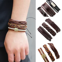 Rinhoo Винтаж несколько слоев Комплект кожаного браслет для мужчин женщин Шарм камень дерево металлические бусины обёрточная бумага браслеты