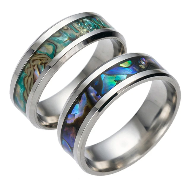 Stainless Wedding Ring Set Steel Rings with Abalone Inlay (6mm & 8mm Width, Flat Style)