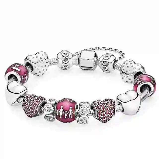 

SIENTO 100% 925 Sterling Silver Red Pave Shimmering Heart Charm Family with translucent violet enamel Beaded Bracelet Gift Set