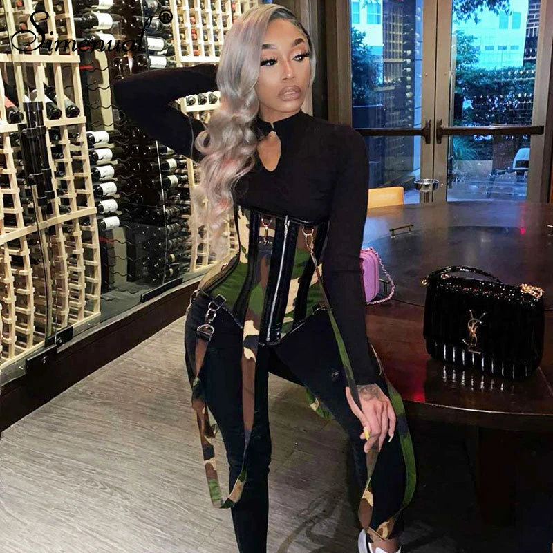 

Simenual Camouflage Corset Bodycon Women Jumpsuits Long Sleeve Black Fashion Fall Winter 2020 Sporty Jumpsuit Casual Skinny Hot