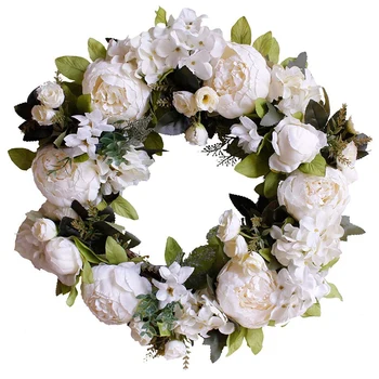 

16 Inch Artificial Garlands Front Door Wreaths, Artificial White Peony Hanging Wreath for Home Party Indoor Outdoor Window Wall