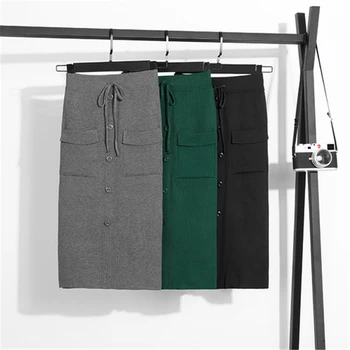 

Women Winter Knitting Skirt Solid Sashes High Waist Straight Pockets Kawaii Skirts Mid-Calf Empire Button Casual Korean Skirt
