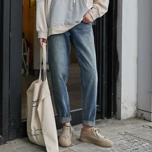 Женские джинсы на молнии, корейские стильные штаны с высокой талией, винтажные синие джинсы до щиколотки J2406