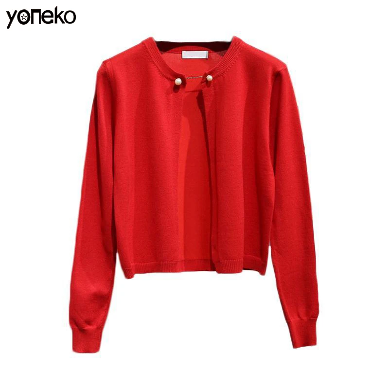 

Yoneko Knitted Short Women Sweater Cardigan High quality Spring Autumn sweater Solid color Single Button Cashmere Thin Sweater